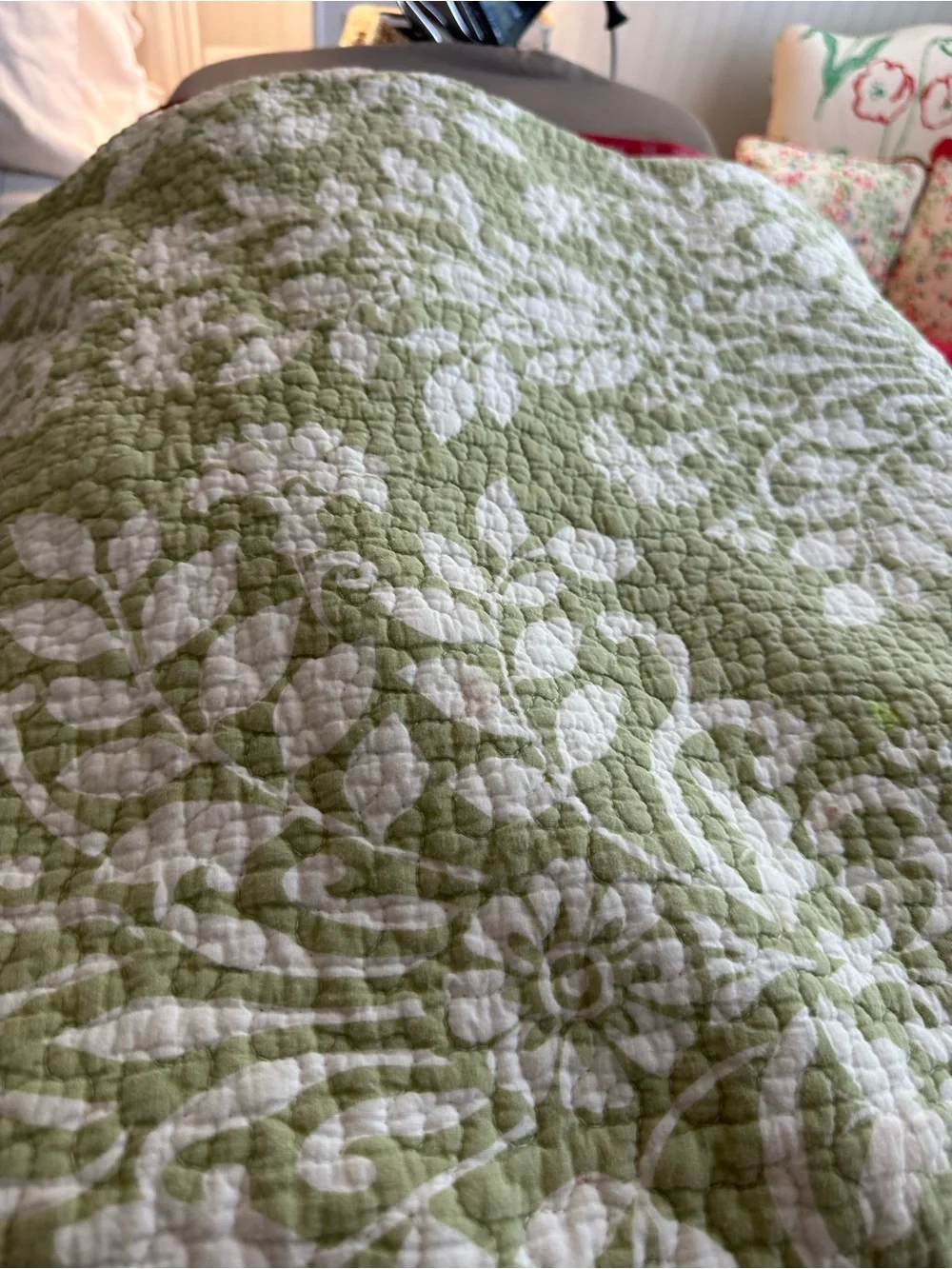 Laura Ashley Green and White Reversible Quilted Coverlet